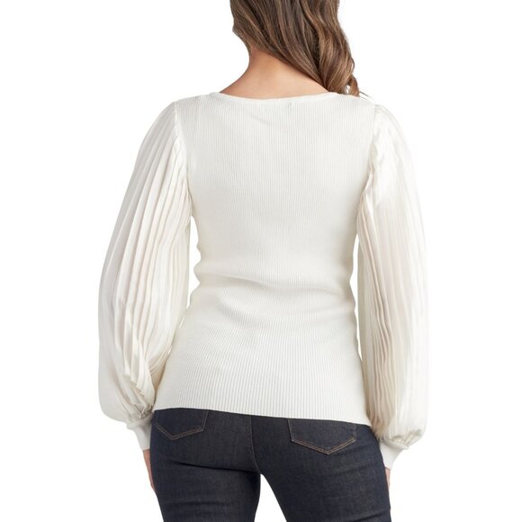 BCX Womens Ribbed Knit Sweater With Pleated Balloon Sleeves In White - Picture 2 of 11